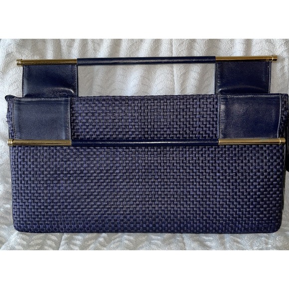 Vtg Susan Gail Clutch Purse Women's Blue Gold Zipper Mirror MCM 1950s - Picture 2 of 11